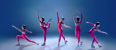 Artistik patinaj kolajı ve buz dansı yapan kadın patenci. Hareket çalışması kavramı, koreografi dizisi, sosyal medya reklamları, spor markalaşmaları ve dijital kampanyalar.