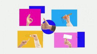 Animasyon reklamı. Onaylama ve arayüz eylemlerini gösteren soyut el işleri. Kullanıcı geribildirim sistemleri, arayüz tasarımı, kalite güvencesi, dijital ürün ve iş karar akışları kavramı.