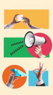 Modern reklam videosu. Megafon akıllı telefon ve marka mesaj elementlerinin temiz sanat eserleri. Reklam iletişimi, ürün tanıtımı, marka farkındalığı kampanyaları ve dijital medya duyuruları kavramı.