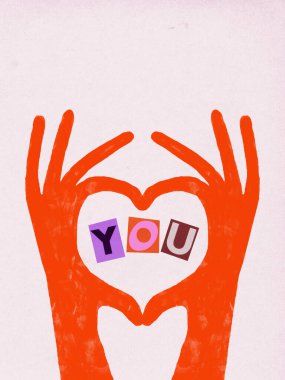 Pembe ellerin dijital çizimleri Aziz Sevgililer Günü için yazdığın mektuplarla kalp şekli oluşturuyor. Romantik reklam anlayışı, tebrik kartları, sosyal medya görselleri, posterler ve modern tatil markaları..