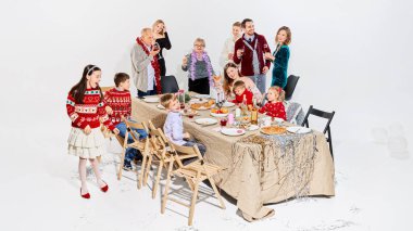 Neşeli aile, Ay 'ın yeni yılını yiyecek ve içeceklerle kutluyor. Çok kültürlü tatil kampanyaları, şenlikli yemek görselleri, içecek markaları ve mevsimlik aile pazarlama kavramı..