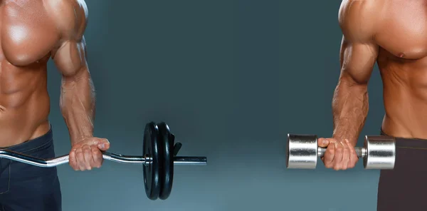 Collage of one handsome power athletic man bodybuilder doing exercises with dumbbell and barbell — Stock Photo, Image