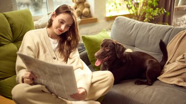 Sahibi yakınlarda gazete okurken köpek evdeki kanepede dinleniyor. Evcil hayvan dostu ev reklamcılığı, köpek yaşam tarzı promosyonu, sakin ev ortamları ve günlük yaşam kavramı.