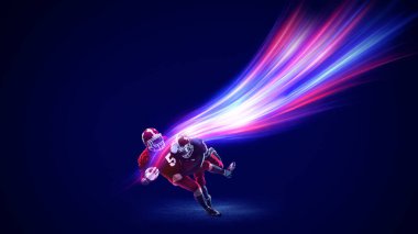 Dijital sanat eseri. Amerikan futbolu, karanlık arka planda canlı enerji izleriyle çarpışır. Saldırganlık duygusu, etki, rekabet, spor markalaşması, güçlü promosyonlar..