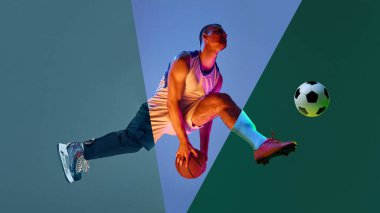 Canlı, karışık medya atleti basketbol ve futbol unsurlarıyla atlıyor. Spor yaşam tarzı markalaşması, yaratıcı reklam görselleri, gençlik pazarlaması, dinamik fitness promosyonları.