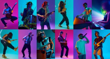 Gitarlı müzisyenler stüdyoda klavye DJ 'i. Canlı konserler, müzik eğitimi, grup tanıtımı, etkinlik afişleri, yayın kapakları, sosyal medya ve reklamcılık kavramı. 9 modellik kolaj