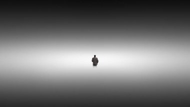 Sonsuz sis boşluğunda tek başına duran gerçeküstü bir sanat eseri adamı. Zihinsel reset, kişisel özgürlük, soyut yalnızlık, markalaşma, kavramsal reklamcılık ve modern görsel hikaye anlatımı kavramı.