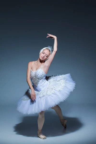 Retrato de la bailarina en tatu de ballet sobre fondo azul — Foto de Stock