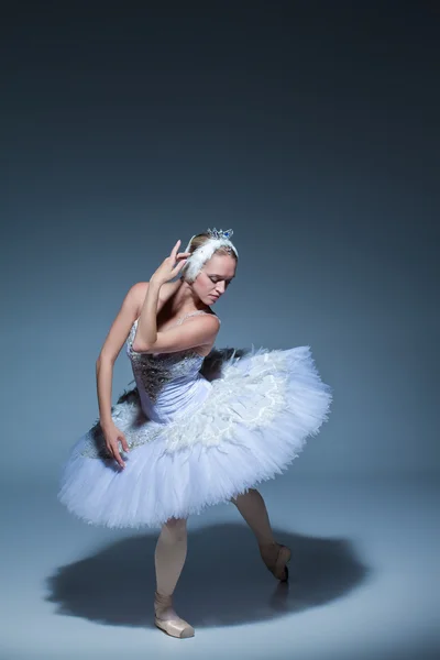 Portret van de ballerina in ballet tatu op blauwe achtergrond — Stockfoto