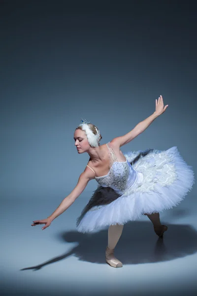 Retrato de la bailarina en tatu de ballet sobre fondo azul — Foto de Stock