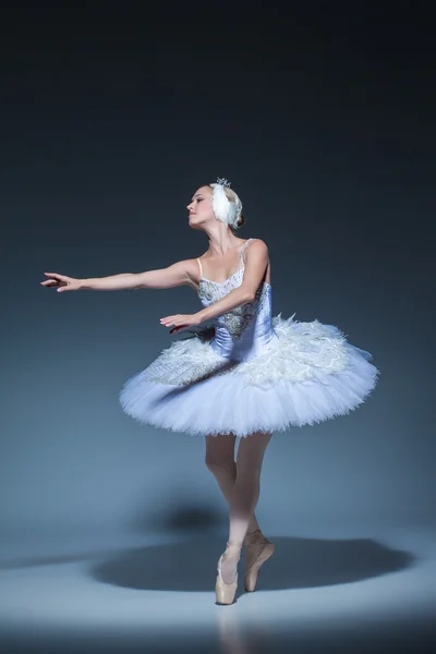 Retrato de la bailarina en tatu de ballet sobre fondo azul — Foto de Stock