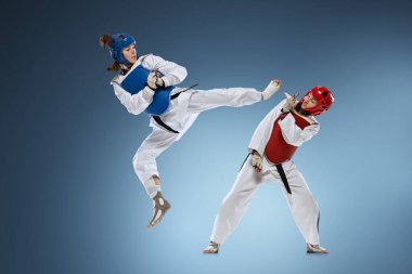 Dişi tekvando dövüşçüleri mavi arka planda kırmızı ve mavi göğüs koruyucularıyla oynanan maçta yüksek döner tekme atıyor. Profesyonel dövüş sporu, çeviklik ve rekabetçi dövüş sanatları eğitimi kavramı