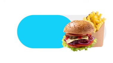 Reklam videosu. Sebze ve hamburger ve patates kızartması arasında yatay kaydırma kontrolü. Gıda seçimi karşılaştırması, sağlıklı beslenmeye karşı fast food, beslenme dengesi ve yaşam tarzı kararı.