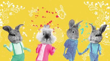 Paskalya tavşanı, kutlama videoları, sosyal medya kampanyaları, sezonluk reklamlar ve neşeli pazarlama görselleri için parlak arka planda hareketli kolaj animasyonunu durdur.
