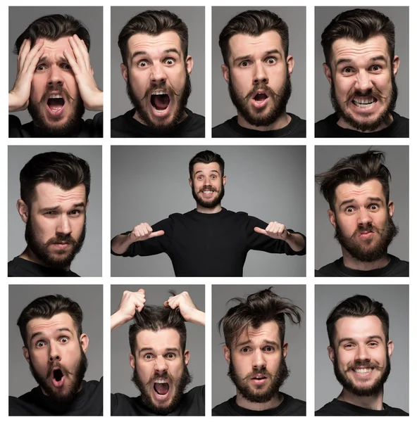 Soubor mladých mans portréty s různými emocemi — Stock fotografie
