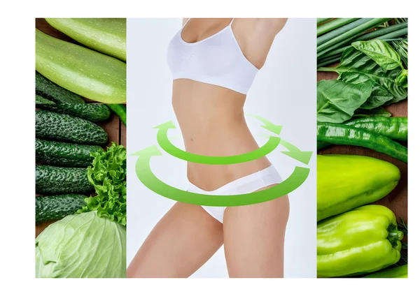 Mujer joven y saludable con verduras. Collage. — Foto de Stock