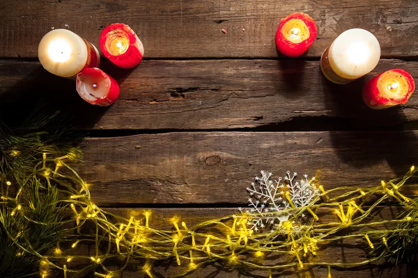 Mesa Madera Con Decoraciones Navideñas Con Espacio Copia Para Texto — Foto de Stock