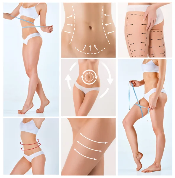 Collage of female body with the drawing arrows — Stock Photo, Image