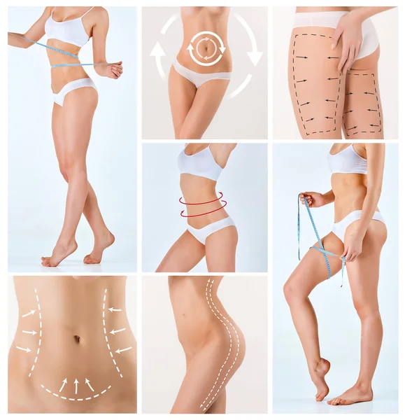 Collage of female body with the drawing arrows Royalty Free Stock Photos