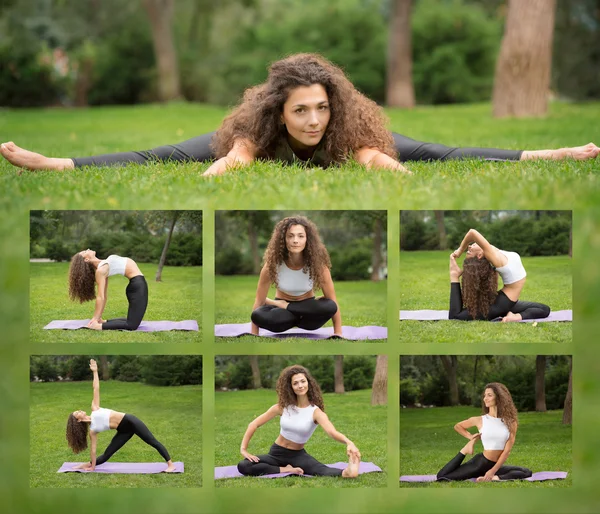 Colagem de jovem bela mulher fazendo exercícios de ioga no parque — Fotografia de Stock