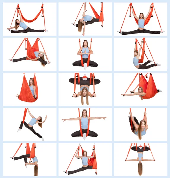 Ung kvinna gör anti-gravitation aerial yoga — Stockfoto