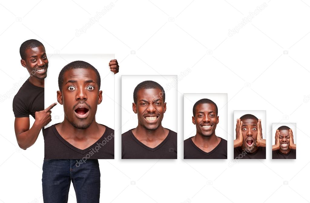 The collage of different emotions from an attractive African-American man