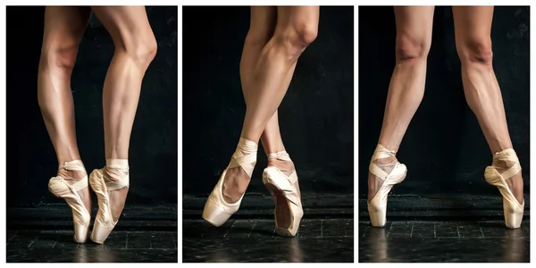 Kolaż klasycznych ballerinas nogi w pointes na podłogi drewniane — Zdjęcie stockowe