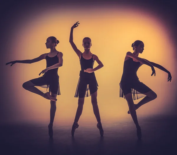 The silhouettes of young ballet dancers posing on a gray backgro — Stock Photo, Image