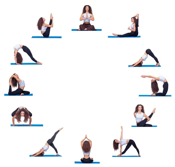 Collage de joven hermosa chica de fitness haciendo ejercicio de yoga — Foto de Stock