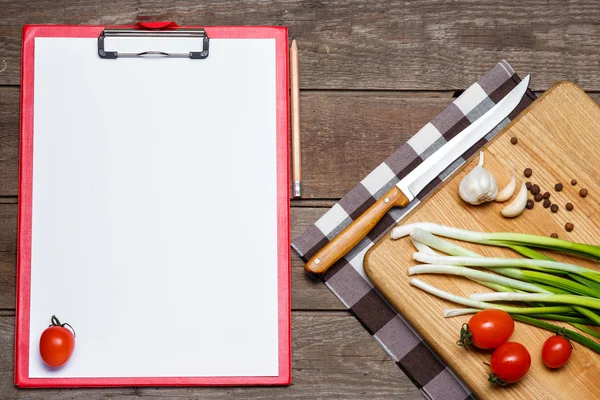 Open blank recipe book on brown wooden background — Stock Photo, Image