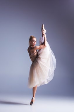 Stüdyo arka planında poz veren genç, güzel modern bir dansçı.