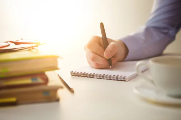 Male Hand Pen Cup Coffee Notebook — Stock Photo, Image