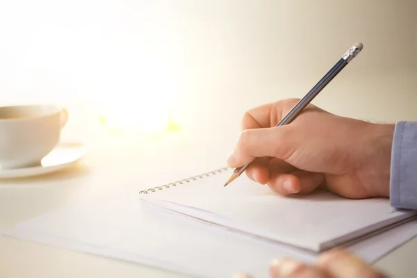 Male Hand Pencil Cup Coffee Notebook Table — Stock Photo, Image