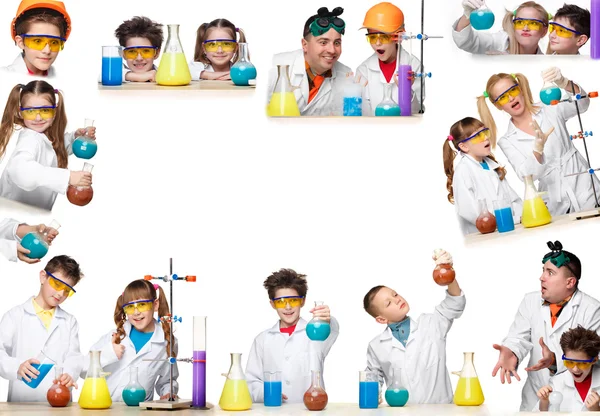 El collage de imágenes de niños y niñas como químico haciendo experimento — Foto de Stock