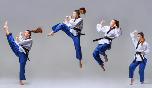 Collage av karate tjej med svart bälte — Stockfoto