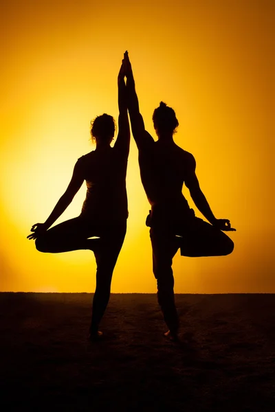Два человека практикуют йогу в лучах заката — стоковое фото