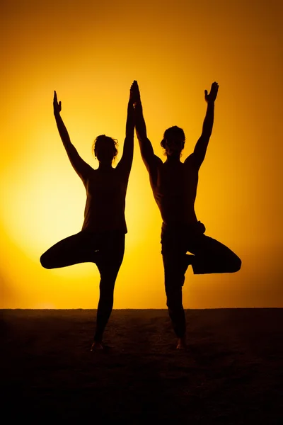 Два человека практикуют йогу в лучах заката — стоковое фото