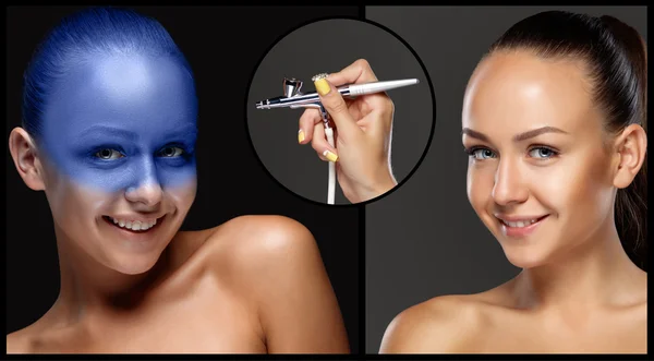 The collage of makeup for model with aerograph — Stock Photo, Image