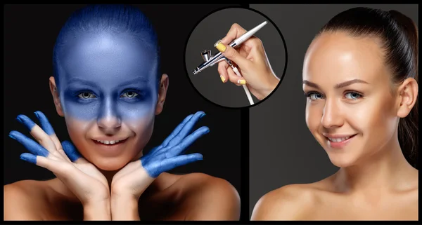 The collage of makeup for model with aerograph — Stock Photo, Image