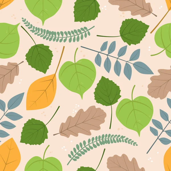 Modèle vectoriel sans couture, répétant timbre de feuilles stylisées de divers arbres — Image vectorielle