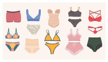 Kadın iç çamaşırları. Sütyen, külot, korse, bikini, monokini. İç çamaşırı ve mayo tipleri. Tasarım için vektör izole düz illüstrasyon.