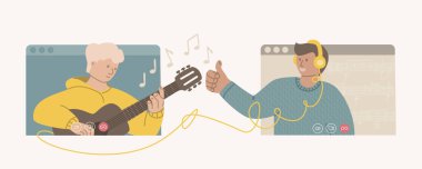 Online gitar kursu. Mesafe öğrenme. Akustik gitar çalan genç bir video konferansı çocuğu. Müzik öğretmeni öğrenciye gösterir. Evde eğitim var. Düz bir şekilde vektör illüstrasyonu.