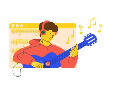 Online konser. Adam sosyal ağlarda akıntıda gitar çalıyor. Müzisyenler karantinada performans sergiliyorlar. Gitarı video ile çalmayı öğreniyorum. Uzaktan eğitim kavramı. Vektör illüstrasyonu