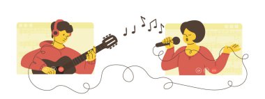Şarkıcı kız ve gitarist adam bir video görüşmesi yapıyor. Online konser. Düet gitar çalar ve şarkı söyler. Sosyal ağlarda yayın. Vektör düz resimleme.