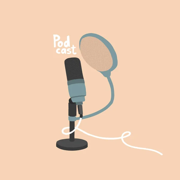 Mikrofon studio cardioid untuk siaran podcast. Mikrofon meja di stand. Untuk perekaman suara. Ilustrasi vektor dengan gaya menggambar tangan. EPS 10 - Stok Vektor