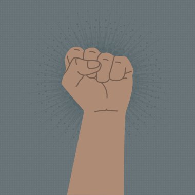Protesto ve gücün sembolü. Kaldır yumruğunu. El bir yumruğa sıkıştı. Bir şeye karşı bildiri. Tasarım, çıkartma ve blog için vektör düz çizim. Doku arkaplanı.
