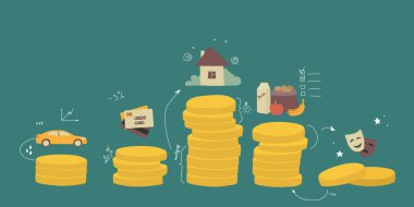 Bütçe aile dağılımı. Para sikkelerinin sütunlara dağılımının diyagramı, tipik giderler için maliyetlerin görselleştirilmesi - mortgage, kredi, yemek, eğlence, ulaşım maliyetleri. EPS 10