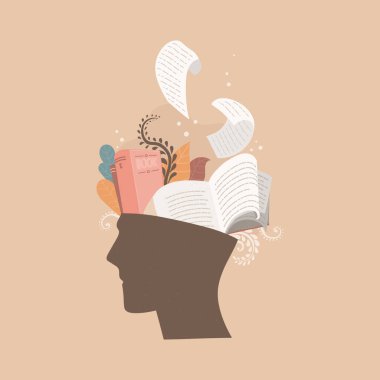 İçinde kitaplar olan insan kafası. Kitap aşığı, bilgi ve eğitim kavramı. Bej arkaplanda vektör rengi çizimi izole edildi. Kitap sergileri, dükkanlar, kitapçıklar için harika...