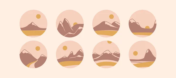 Montañas y montaña, sol y carretera. Conjunto de iconos redondos de redes sociales o logotipo. Vector abstracto dibujado a mano plantillas para historias. Pegatinas para diseño, blogging, packaging. Beige, marrón, amarillo — Archivo Imágenes Vectoriales