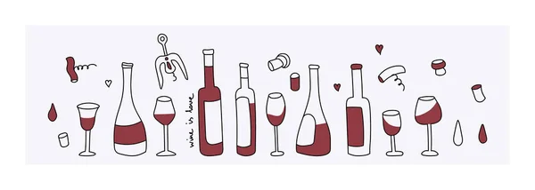 Vin rouge, verre, tire-bouchon. Éléments vectoriels de conception de style doodle. Options de bouteille de vin. Design plat simple. — Image vectorielle